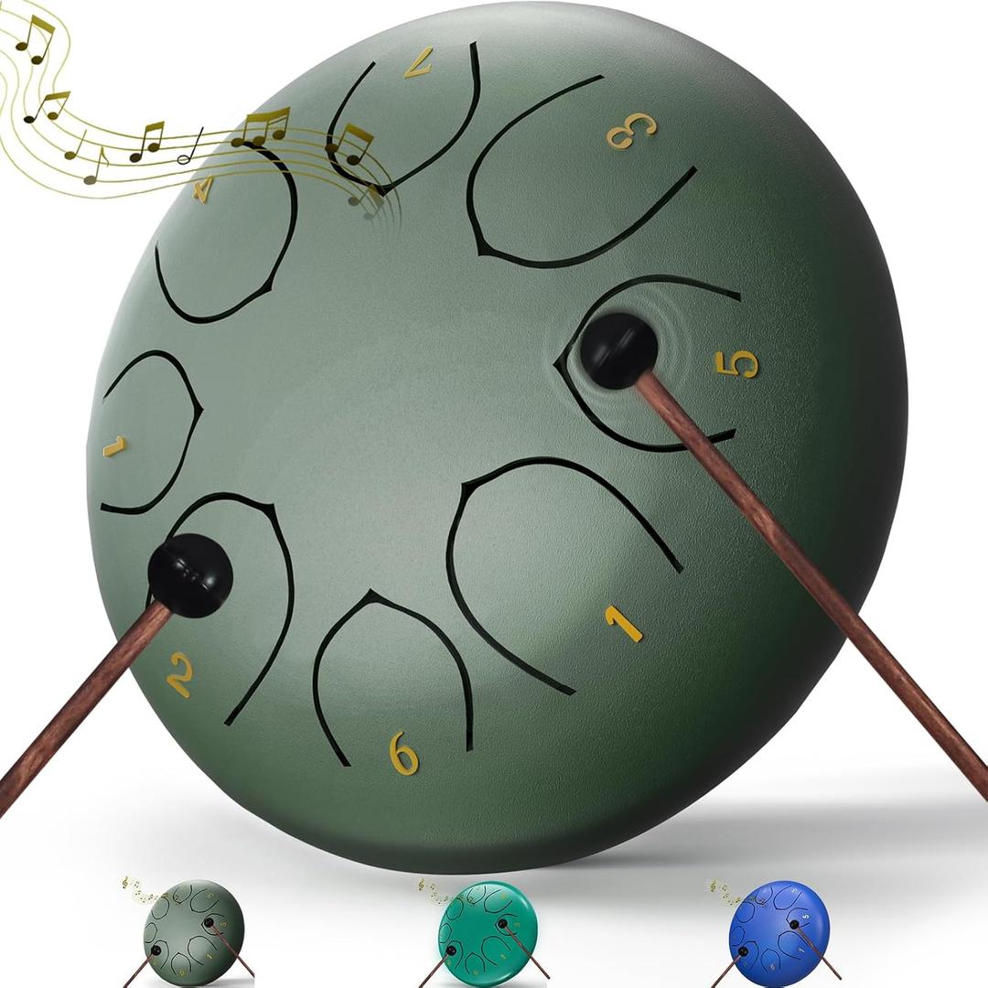 Rain Drum for Outside Garden, 6 Inches 8 Notes Steel Tongue Drums, Waterproof Meditation Rain Chime, Musical Instruments for Adult Gift with Bag, Music Book, Drum Mallets (Green)