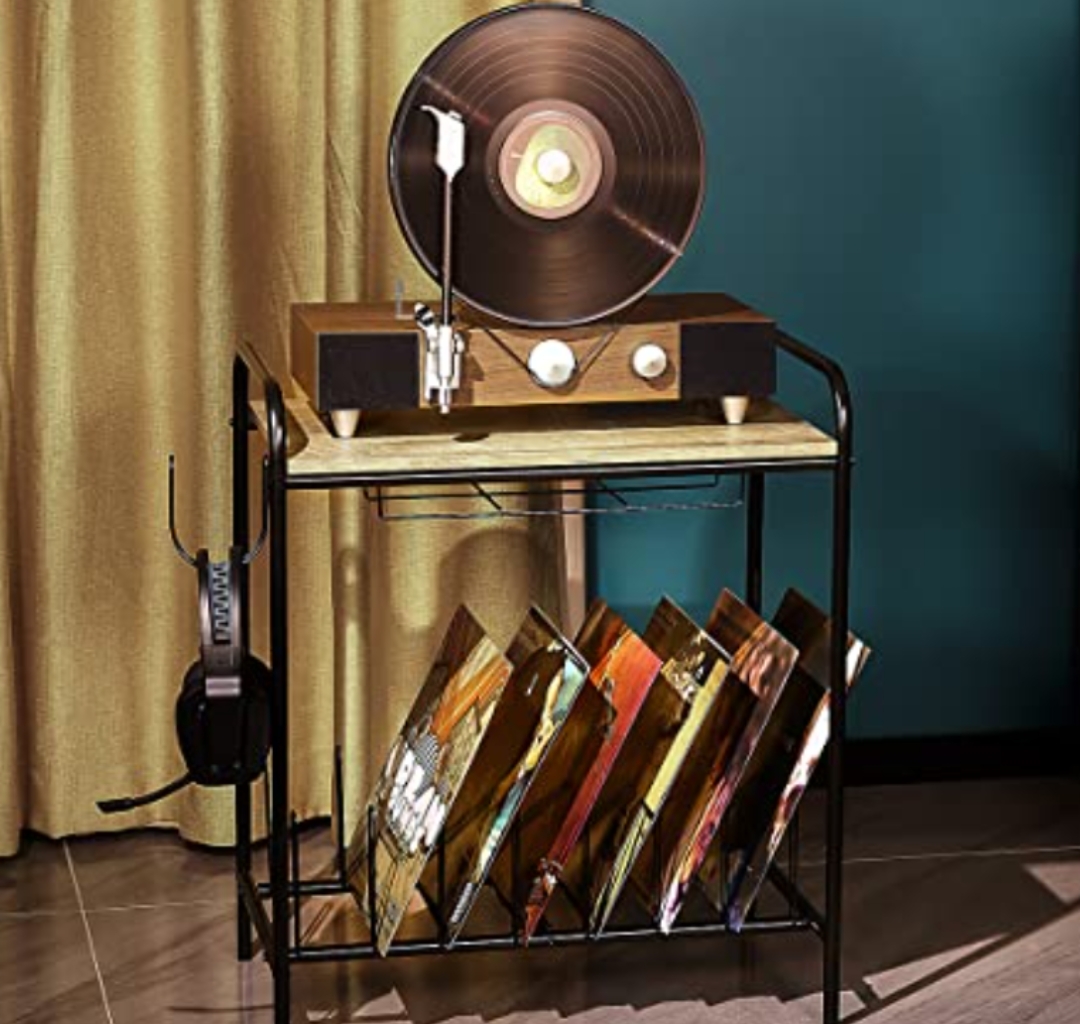 MAWEW Vintage Record Player Stand, Wooden Turntable Stand with Record Storage (Grey)