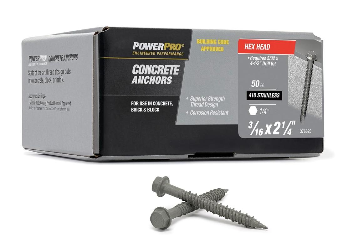 Power Pro Concrete Screw Anchors #410 Stainless Hex Washer (3/16" x 2-1/4") 100-Piece