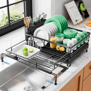 Kitsure Extendable Dish Drying Rack - Rust-Resistant Dish Racks for Kitchen Counter with Adjustable Support Legs, Cutlery Holder & Removable Draining Tray (Black, 15.6''-25.2''L  16.9''W  8.1''H)