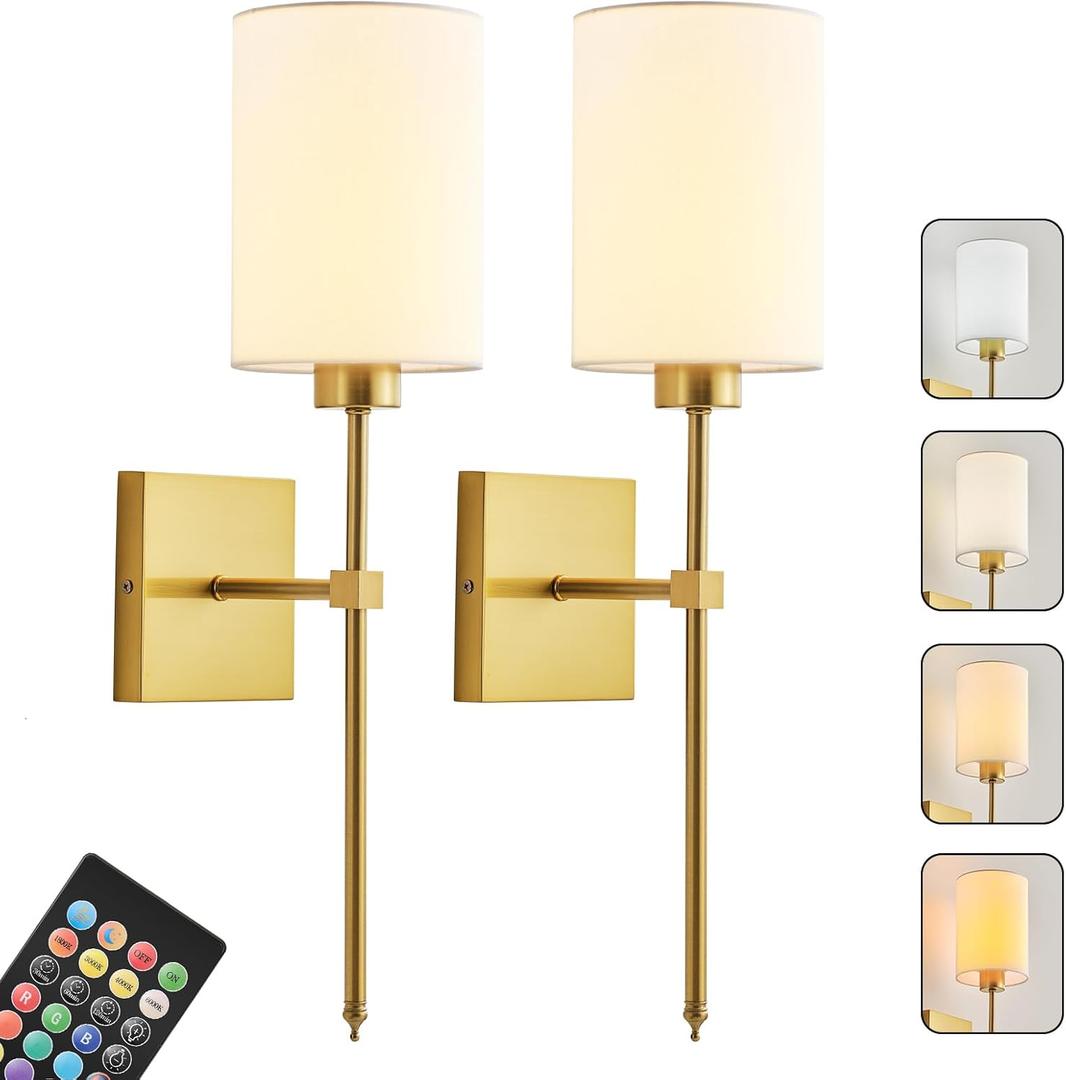 KARTOOSH Battery Operated Wall Sconce Set of Two, Wireless Rechargeable Wall Light with Remote Control, Dimmable, 4 Color Temperatures, RGB, Timer, for Living Room,Bedroom,Entryway, Gold, 20.6 Inch (Brass and White)