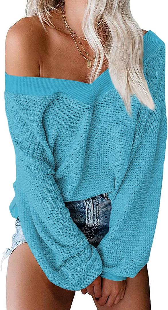 Tobrief Women's V Neck Long Sleeve Waffle Knit Tops Off Shoulder Oversized Pullover Sweater (Blue, M)