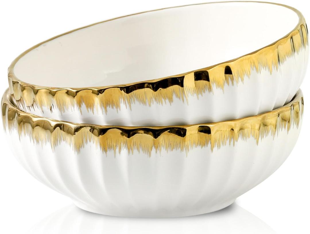 LETAOTAO Serving Bowls, 10 inch Extra Large Salad Bowl Set of 2, Ceramic Bowl with Gold Trim, Kitchen Decorative Bowls Porcelain Mixing Bowls for Salad, Soup, Pasta and Dinner