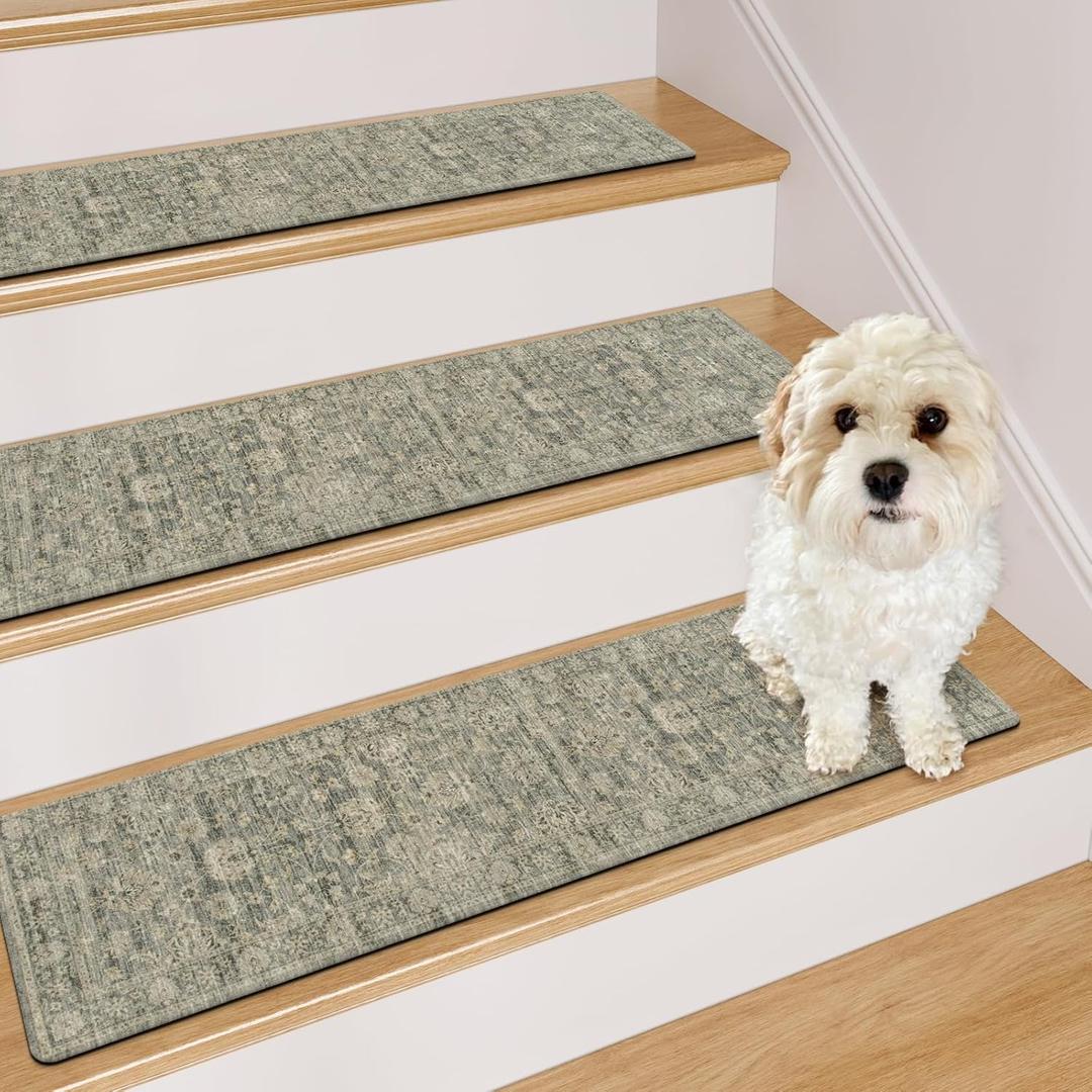 OJIA Stair Treads Non Slip Stair Runners for Wooden Steps, 8"x30" Rubber Backing Stair Mats Carpet Stair Tread Covers Staircase Step Treads for Dogs, Kids & Elders, Brown, 15PCS (Tan)