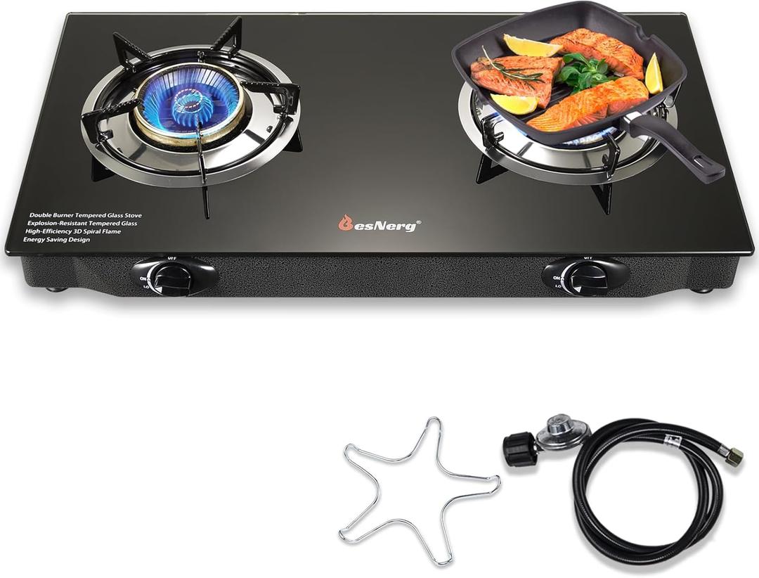 Propane Stove 2 Burner Gas Stove, 28800 BTU High-Efficiency Auto Ignition Tempered Glass LPG Cooktop with CSA Regulator and Hose  for Outdoor Camping, RV, and Emergency Cooking