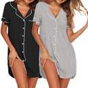 Ekouaer Nightgowns for Women 2 Pack Button Down Sleepwear Short Sleeve Sleepshirts Soft Nightshirts Boyfriend Pajama Dress XL