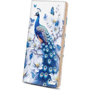 Immaturus Womens Wallet, Slim Thin RFID Blocking Card Wallets, Peacock Bifold PU Leather Credit Card Holder Organizer, Cute Cash Clutch Long Billfold with Zipper Coin Pocket Ladies Girls Gift