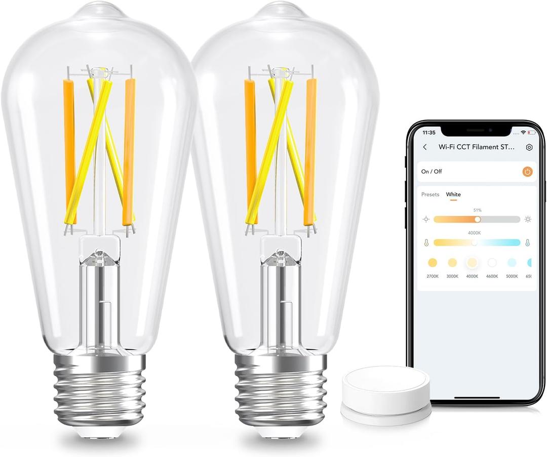 Linkind Smart Edison Bulbs, 2700K-6500K Tunable WiFi Edison Bulbs with Remote Control, 8W 60W Equivalent Dimmable ST19(ST58) Vintage Light Bulbs 800lm, Compatible with Alexa & Google Home, 2-Pack