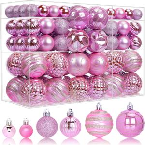100 Pack Pink Christmas Ball Ornaments Set, Hand-Painted Shatterproof Hanging Decorations, Assorted Baubles Bulk for Xmas Tree Wreath, Winter Holiday Home Party Decor