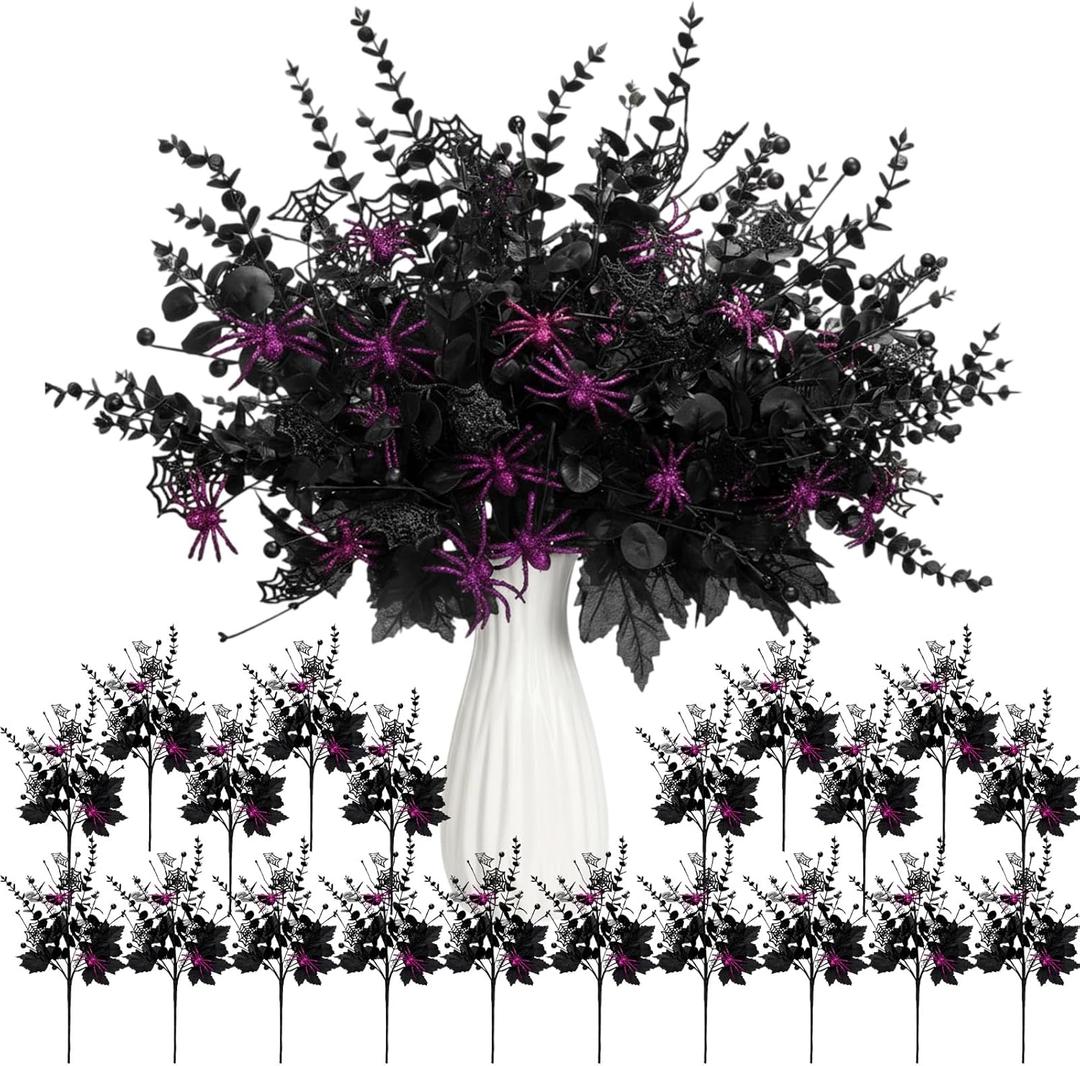 Giegxin 20 Pcs Halloween Floral Picks Halloween Decorations 19.5inch Black Artificial Flowers Branches Eucalyptus Stems Glitter Spiderweb Maple Leaf Stems for Home Indoor Party Vase Arrangement Decor