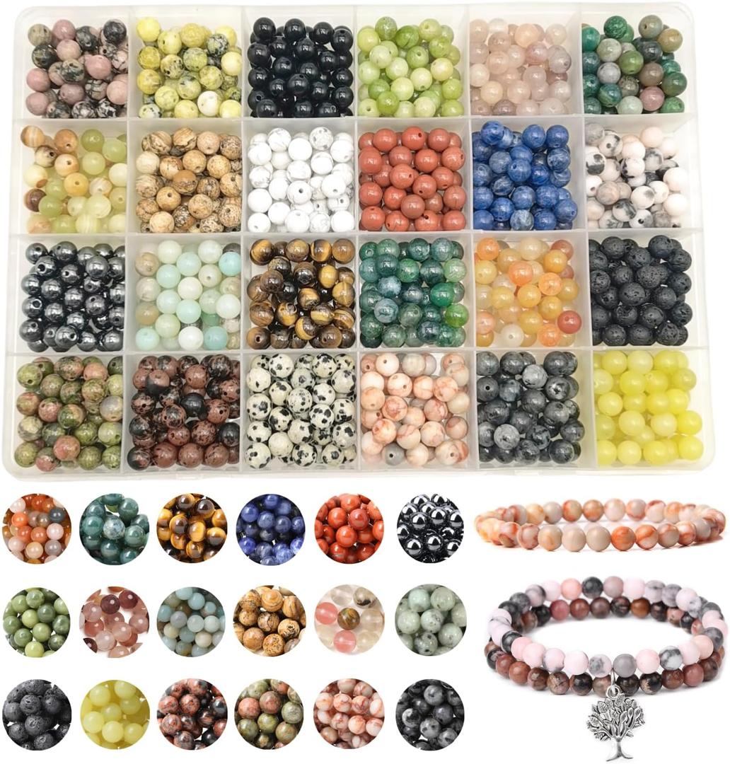 960pcs Natural Stone Beads Polished Beading 6mm Loose Beads Gemstone Crystal Energy Stone Healing Power for DIY Jewelry Making (6mm 24 Materials R2)