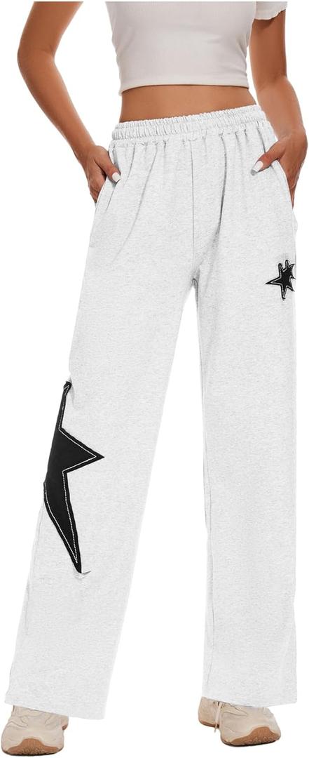 Womens Star Sweatpants Drawstring Waist Causal Sporty Straight Leg Baggy Sweatpants with Pockets (Large, White)