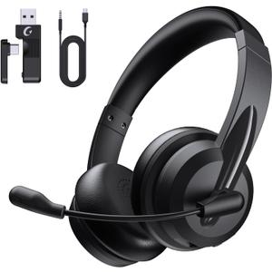 Wireless Headset with Mic for Work with AI Noise Cancelling Mic for Clear Calls, Bluetooth V5.3 Headphones with Microphone to USB A/C Dongle & Mic Mute for Computer Laptop PC iPhone (Black)