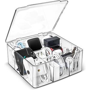 Charger and Cable Organizer Box with 10 Wire Ties, Adapter Storage Box, Plastic Charger Cable Cord Storage Organizer