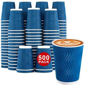 Lamosi 500-Count 12 oz Insulated Paper Coffee Cups Bulk, Disposable Corrugated Cups 12oz, Kraft Ripple Wall Design for Hot Beverage or Cold Drink Office Home Party Travel Cafe (Navy)