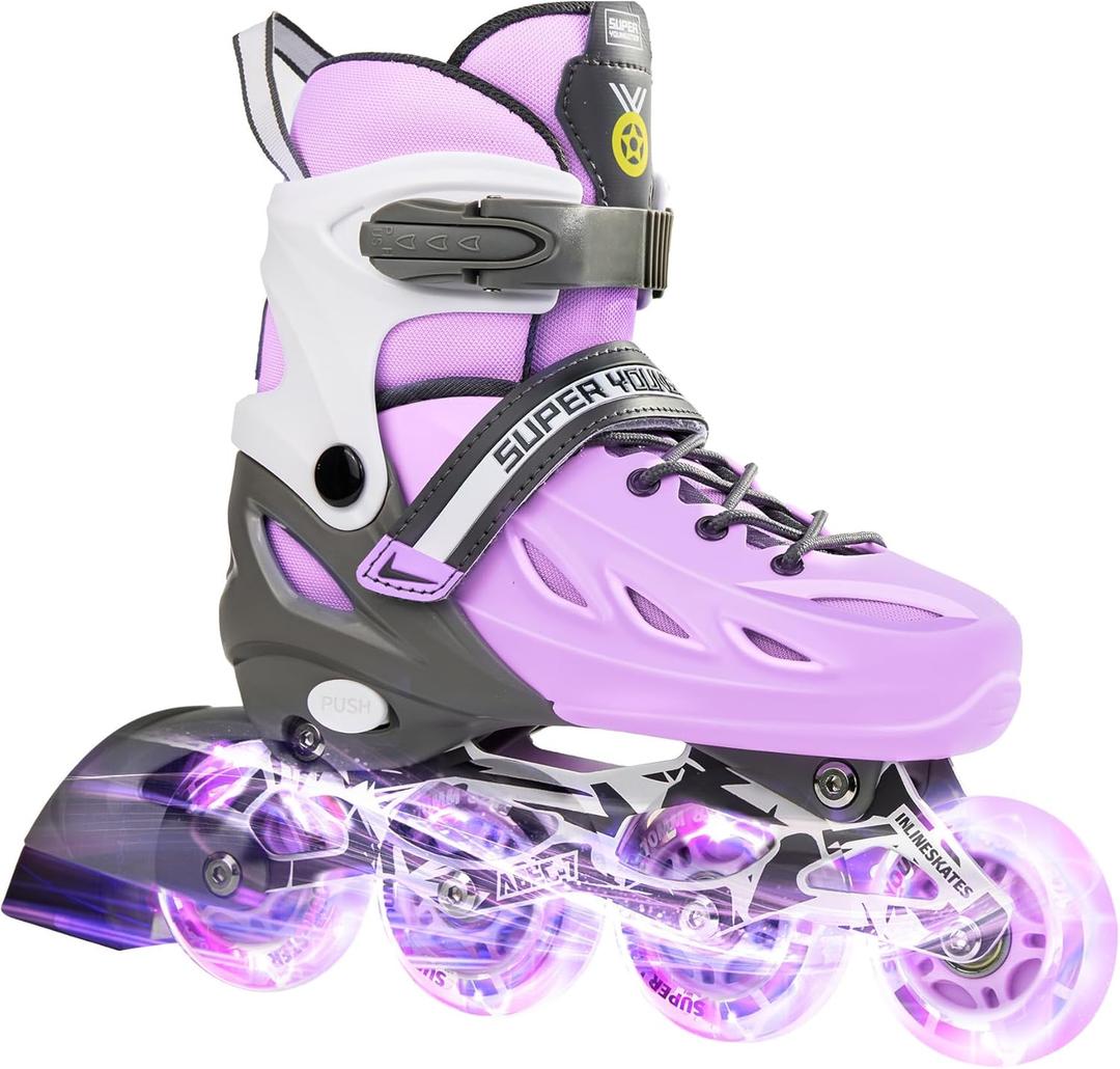 SUPER YOUNGSTER Adjustable Inline Skates for Boys Girls Ages 4-12 with Light Up Wheels, Roller Skates Blades for Youth Kids Indoor & Outdoor Beginners (Purple), Size: Medium-Big Kid (1-4 US)