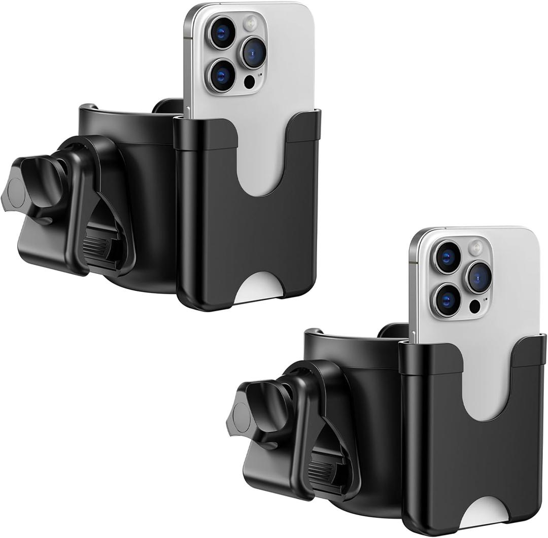 Guiseapue 2 Packs Cup Holder for Walker: Stroller Cup Holder Attachment with Phone Holder, Wheelchair/Stroller Accessories for Uppababy, Nuna, Doona, Bike, Scooter, Baby Travel Essential, Black