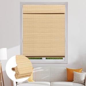 Cordless Bamboo Roman Shades, Blackout Natural Bamboo Blinds for Indoor Windows, Roll Up Blind Privacy Shade for Home, Office, Door, UV Resistant & Easy to Install, 44" W x 64" H, Natural