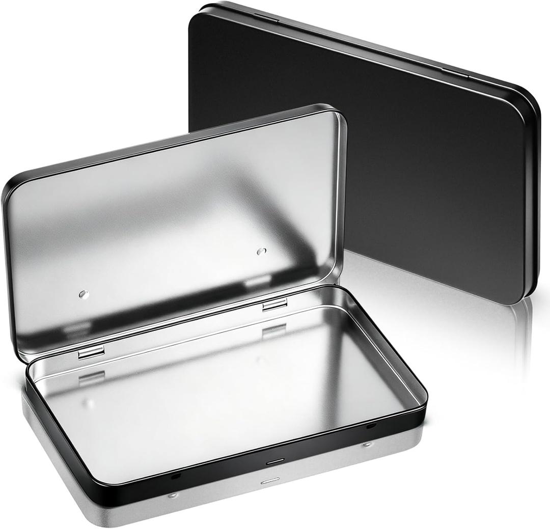 Geiserailie 2 Pack Rectangular Metal Tin Box with Lid Metal Hinged Lid Tin Empty Box Container Storage for Watercolor Jewelry Pen Eraser Pill Candy Craft Organize 7.0 x 4.2 x 0.6'' (Black)