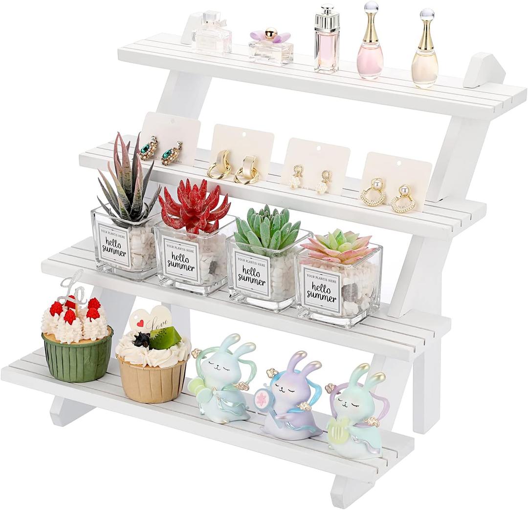ELLDOO 4-Tier Wooden Display Riser, Retail Jewelry Card Display Stand, Rustic White Wooden Cupcake Stand Shelves, Organizer Showcase Cascading Merchandise Organizer Rack Vendor Display Supplies