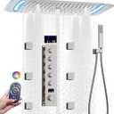 AYIVG Brushed Nickel Thermostatic Rainfall Shower System 16 x 26 Inch Temperature Display Shower Faucet System with Body Jets Smart Ceiling Mount Multi Function 64 Color LED Rainfal Shower Set