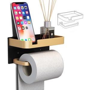 Toilet Paper Holder with Shelf Adhesive Wall Mounted No Drill Aluminium Alloy Stainless & Rustproof Toilet Paper Roll Dispenser Bathroom Organizer Storage Rack Matte Black Gold