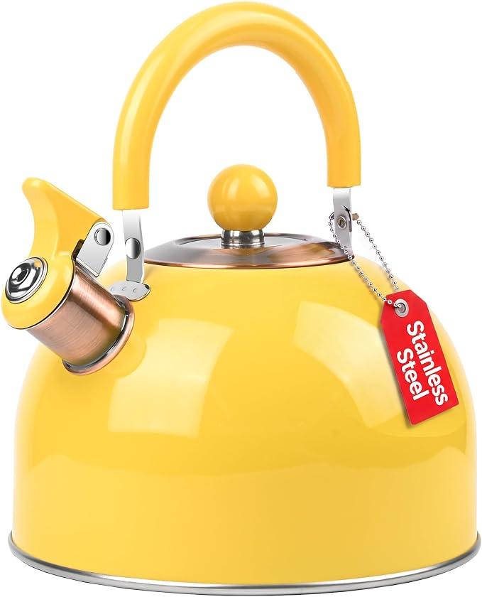 Rixordd 2.6 Quart Yellow Whistling Tea Kettle, tea pot, Stainless Steel, Cool-Touch Handle, Loud Whistle, 7.48-inch Base, Induction Compatible