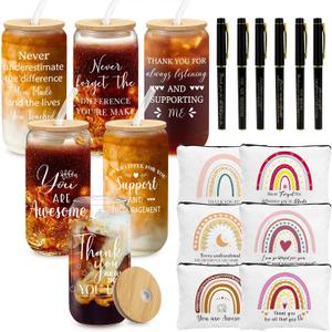 6 Set Employee Appreciation Gifts Thank You Gifts Bulk for Coworker Staff Teacher Nurses, Christmas Glasses Cups 16 oz Can Shaped Beer Glass Makeup Bag Ballpoint Pen for Women Men (Fresh Style)