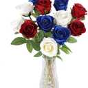 Hananona Artificial Roses Flowers for 4th of July Decorations, 12 Pcs Silk Rose Bouquet for Patriotic Flower Decor, Faux Roses for Independence Day Parties Cemetery Flowers (12, Red, White, Blue)
