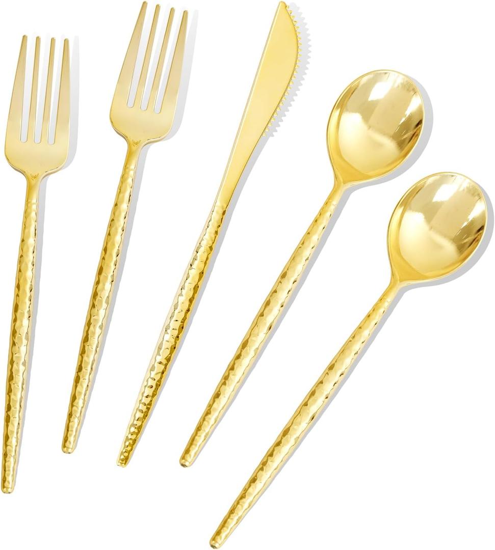 LIYH 360 Pcs Gold Plastic Silverware - Heavy Duty, Plastic Gold Silverware Cutlery Set Disposable, Hammered Utensils Include 120 Forks,120 Spoons & Knives for Birthday Party, Weddings