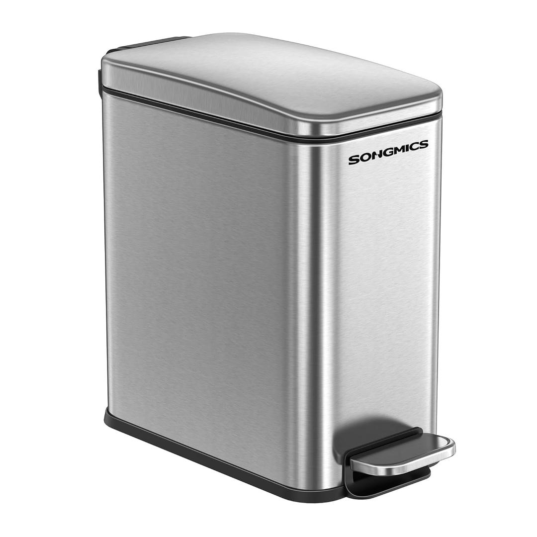 SONGMICS Bathroom Trash Can, 1.3 Gallon (5 L) Small Trash Bin with Lid, Slim for Small Spaces, Stainless Steel Garbage Can, Soft Close, Silver ULTB560E05