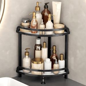 Black Bathroom Counter Organizer XL Corner Shelf, 2-Tier Bathroom Organizers Countertop, Large Capacity Corner Kitchen Storage, Skincare Makeup Vanity Tray, 9''L x 9''W x 13.8''H