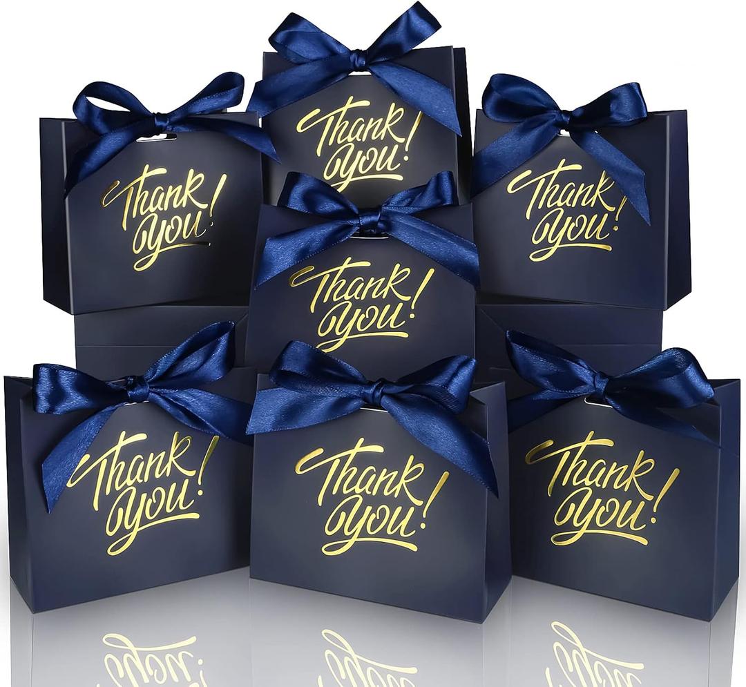 60 Pack Small Thank You Gift Bags, 4.5x1.8x3.9in Party Favor Bags Boxes with Bow Ribbon, Small Paper Gift Bags with Gold Foil Printed, Mini Candy Treat Bags for Birthday Wedding Party Holiday (Navy)