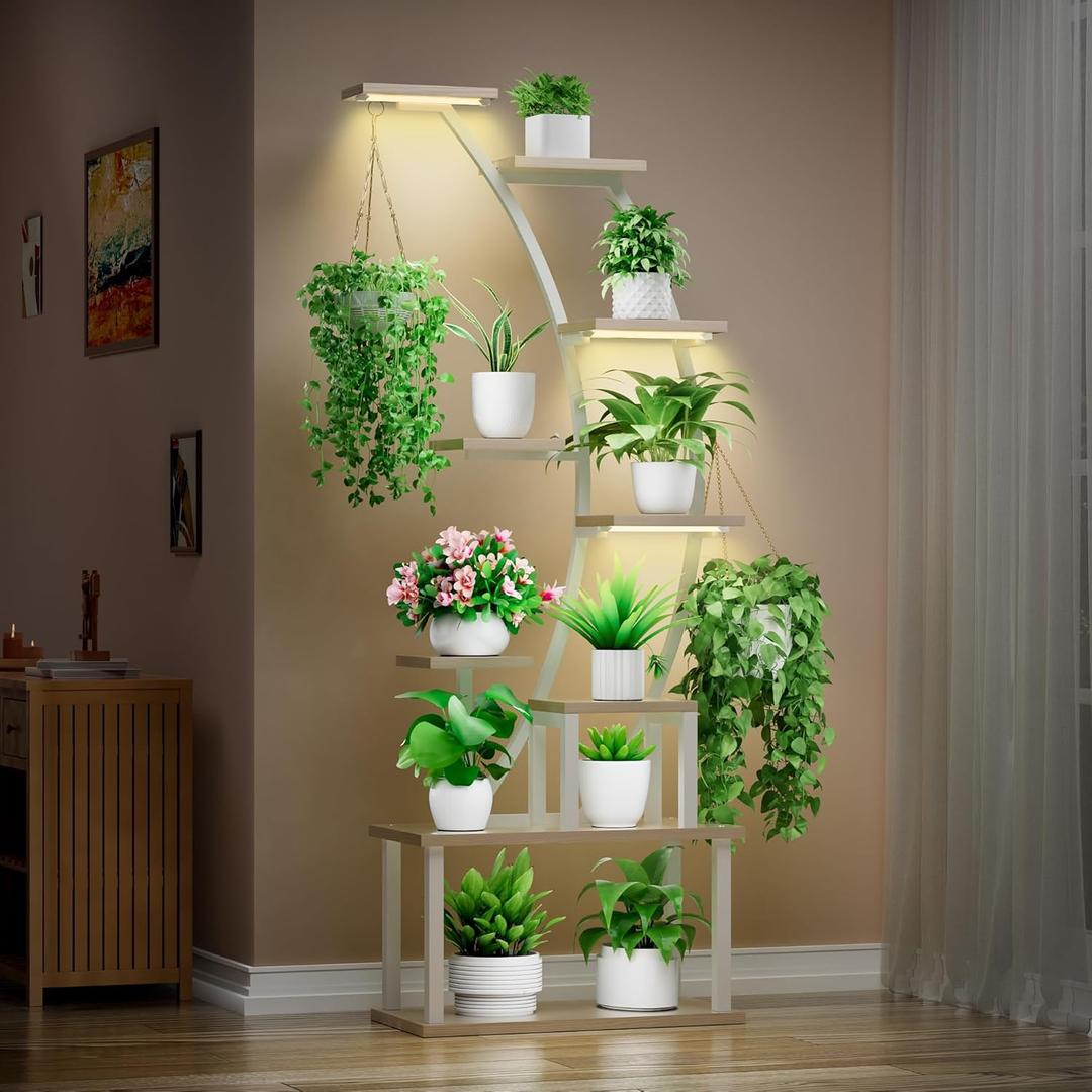 Plant Stand Indoor with Grow Lights, 9 Tiered Metal Plant Shelf, 63" Tall Plant Stand for Indoor Plants Multiple, Large Plant Rack Display Shelves, Corner Plant Holder for Home, Patio (White)