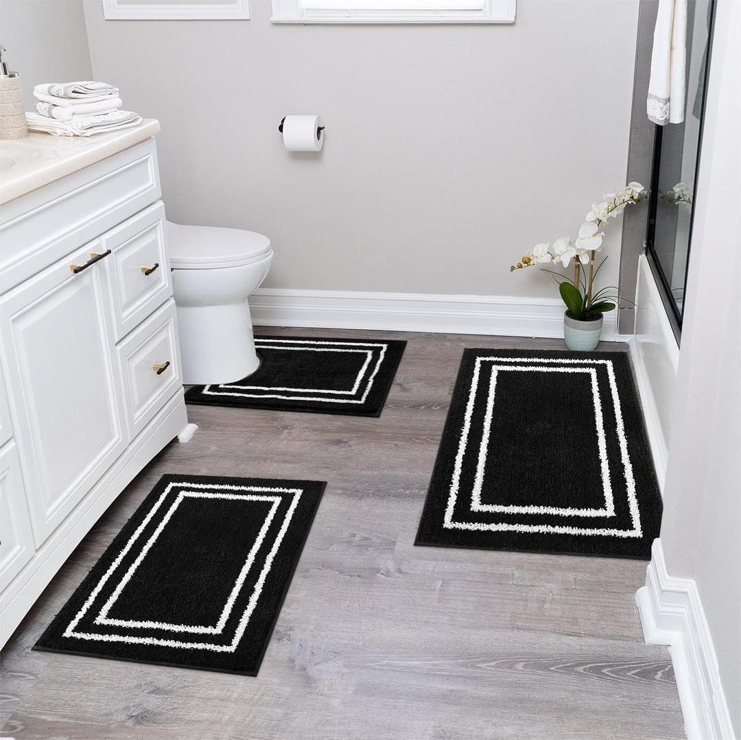 Uphome Bathroom Rugs Sets 3 Piece, Modern Black and White Bathroom Mat Set Non Slip Machine Washable, Soft Absorbent Bath Mat Set with U Shaped Toliet for Tub, Shower