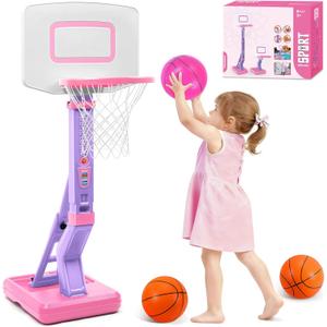 Toddler Basketball Hoop Indoor Outdoor - Height Adjustable 27.6-54 Inches (5 Slots), Kids Basketball Hoop with 4 Inflatable Balls & Pump, Safe Toddler Toys for 1-6 Year Old Boys Girls, Pink