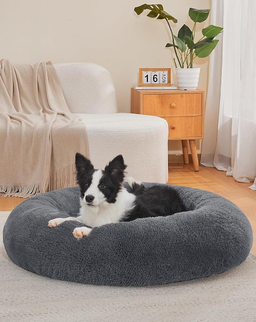 OhGeni Calming Donut Dog Bed Pillow for Large Pets, Machine Washable Removable Cover, Comfort Plush Fluffy Faux Fur with Anti-Slip Bottom, Cats-Friendly Round Cuddly Design, Gray, 36 inches (Large (36 x 36 x 8 Inch))