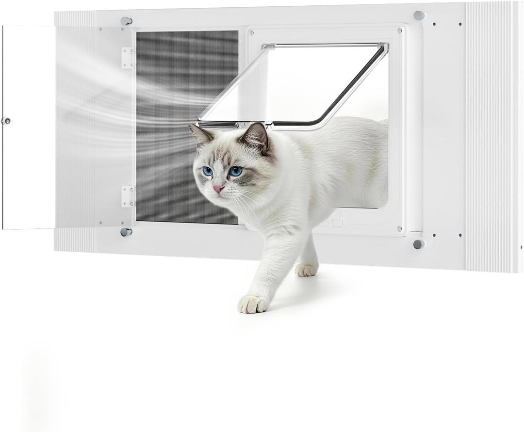 All Season Cat Window Door with Screen Mesh & Clear Acrylic Panel,24"-28" Adjustable Width,Magnetic Closure Weatherproof Pet Door for Window,Aluminum Frame Window Cat Door Insert for Sliding Windows, Fit 24''-28'' Windows