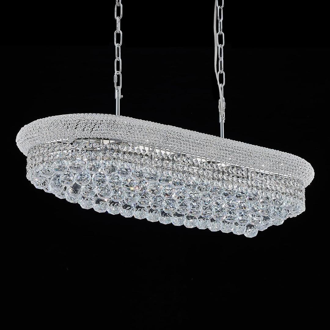 Rectangular Crystal Chandeliers for Dining Room,10 Lights Adjustable Height Oval Crystal Ceiling Light Fixture for Kitchen Island, Chrome Finish, L36'', 36" L x 14" W x 9" H