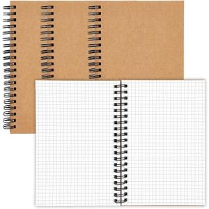Paper Junkie 4 Pack Spiral Notebook Graph Paper, Small Graph Notebook with Kraft Cover, 5x7 inch, 50 Sheets Each, A5 Grid Notebooks for Sketching, Designing, Note-Taking, Brown Spiral Bound Journals