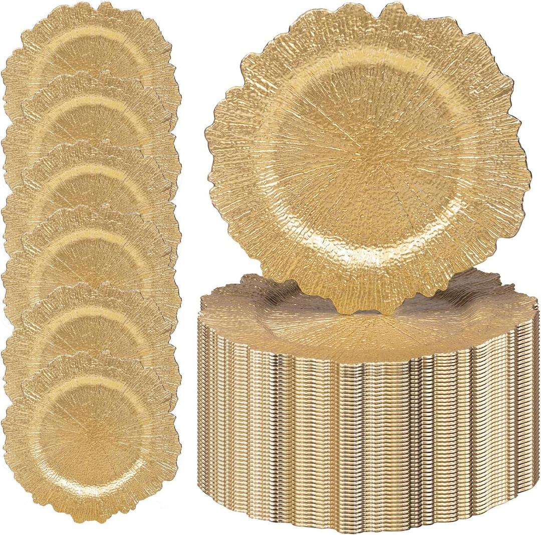 MAONAME 13" Gold Charger Plates, Round Reef Chargers for Dinner Plates, Plastic Plate Chargers Bulk for Table Setting, Wedding Decor, Set of 50