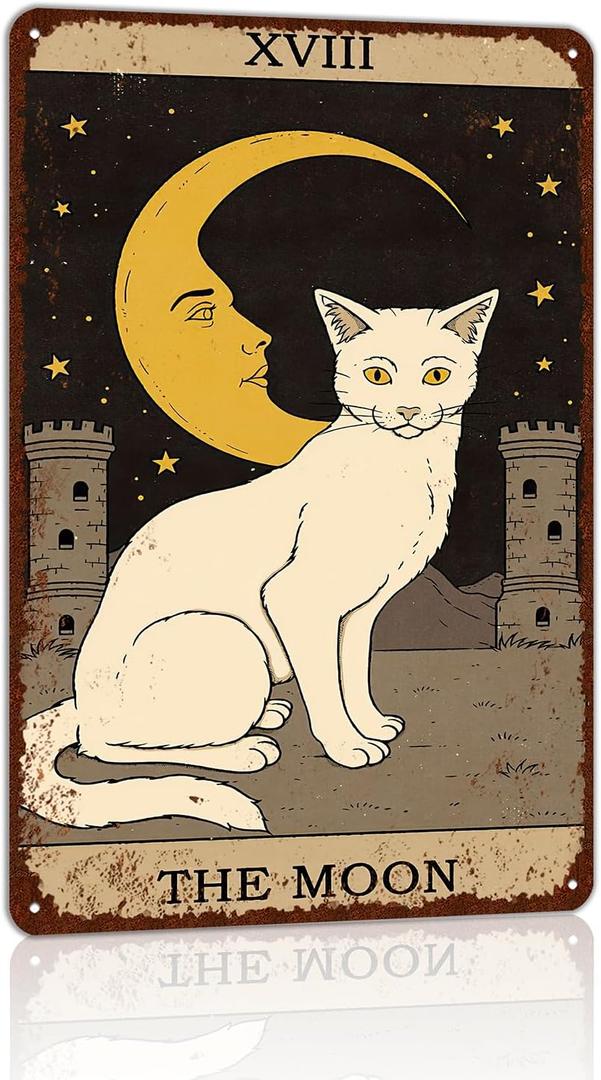 Vintage Cat Tin Sign Retro Tarot Card Metal Sign Poster Wall Art Decor Bathroom Dorm Room Home Decor - Moon