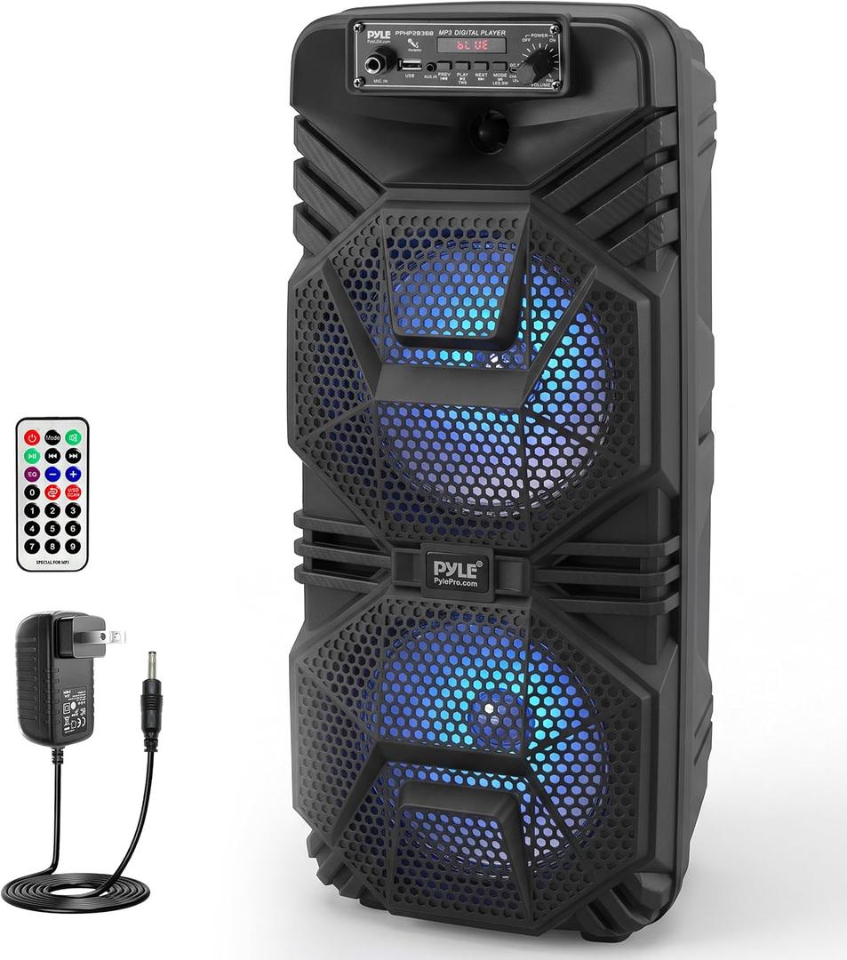 Pyle Portable Bluetooth Speaker | 600W System with Dual 8" Woofers Charcoal Rechargeable portable Bluetooth speaker with USB playback, FM radio, party lights, mic/guitar input, and remote control