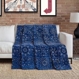 Lucky Brand Plush 90"x90" Oversized Throw Blanket, Bandanna Navy Blue Designer Bed Blanket