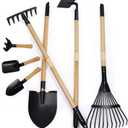 7PCS Kids Gardening Tools, Long Shovel, Rake for Leaves, Spade, Hoe, Steel Heads & Real Wood Handle, Yard Tools for Children Toddlers Gifts (Black)