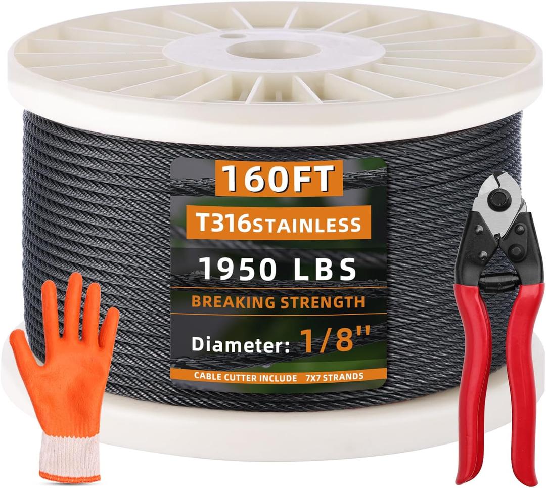Fulifix 160FT 1/8" Black Stainless Steel Cable, 7x7 Strands Wire Rope, 1950 lb Breaking Strength, Aircraft Cable with Cutter for Indoor/Outdoor Coastal Stair Fence & Balustrades