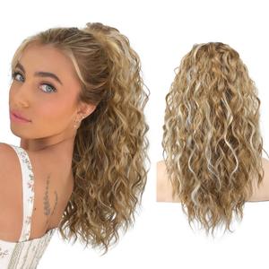 SEIKEA Ponytail Extension, 14" Short Wavy Drawstring Ponytail Multi Layered Fake Pony tails Hair Extensions Clip in Hair Extensions Medium Blonde with Blonde Highlights