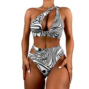 WDIRARA Women's 2 Piece Zebra Print Cut Out One Shoulder High Waist Bikini Set Swimsuit Black and White, M