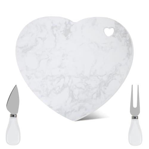 Heart Shaped Marble Charcuterie Cutting Serving Board with Cheese Utensils,12'' Cheese Charcuterie Tray Bread Board Serving Platter for Christmas Wedding Anniversary Bridal Shower Housewarming