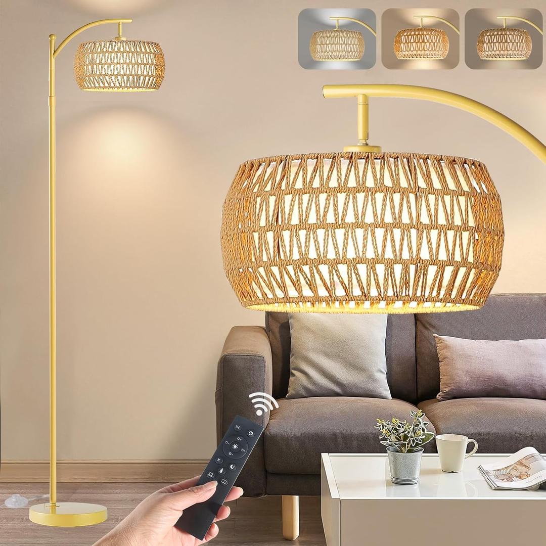 Yusist Arc Floor Lamp for Living Room,Farmhouse Floor Lamps with Remote Control & Dimmable Bulb,Gold Boho Rattan Tall Standing Lamp for Bedroom Office